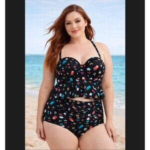 Torrid Swim Set 2X Peplum Push-Up Tankini Top High Waist Ruched Bottom Vixen HTF